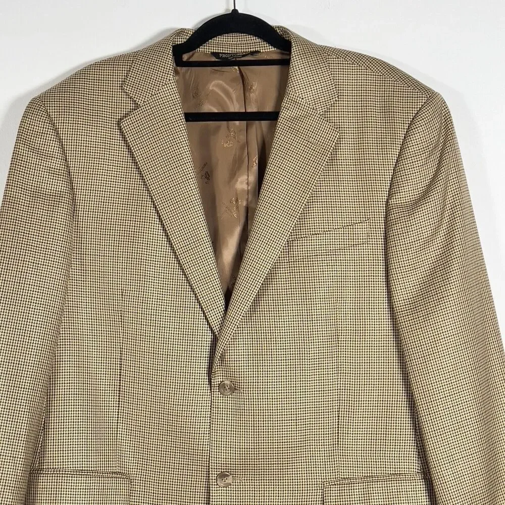 Pronto Moda Italia Cashmere Silk Wool‎ Blazer Mens Sz 46R Houndstooth Brown